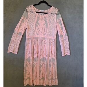 RENJO Lace Overlay Dress Women's Large Pink Romantic Boho Coquette Fairycore